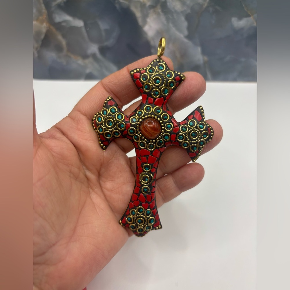 Red Coral Turquoise Tibetan Silver Cross Pendant. 4”